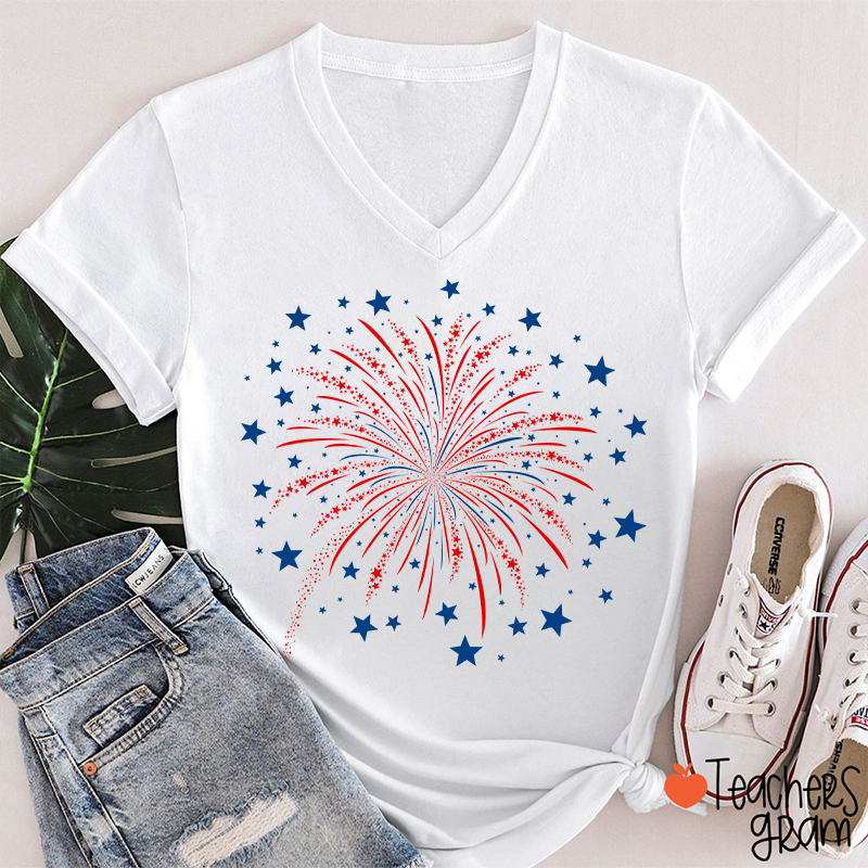 4th Of July Firework Teacher Female V-Neck T-Shirt
