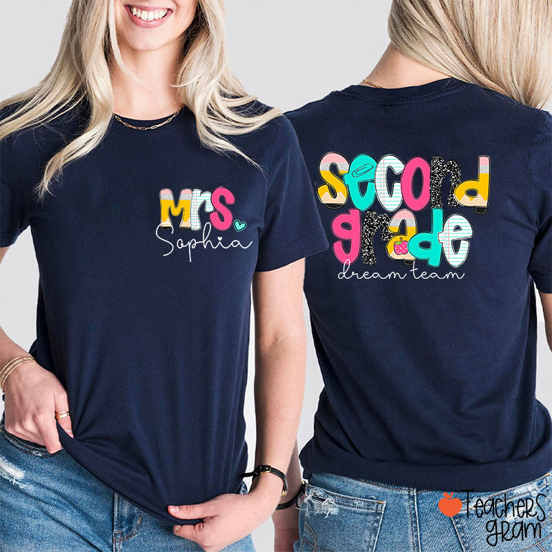 Personalized Grade And Name Pencil Notebook Teacher Two Sided T-Shirt