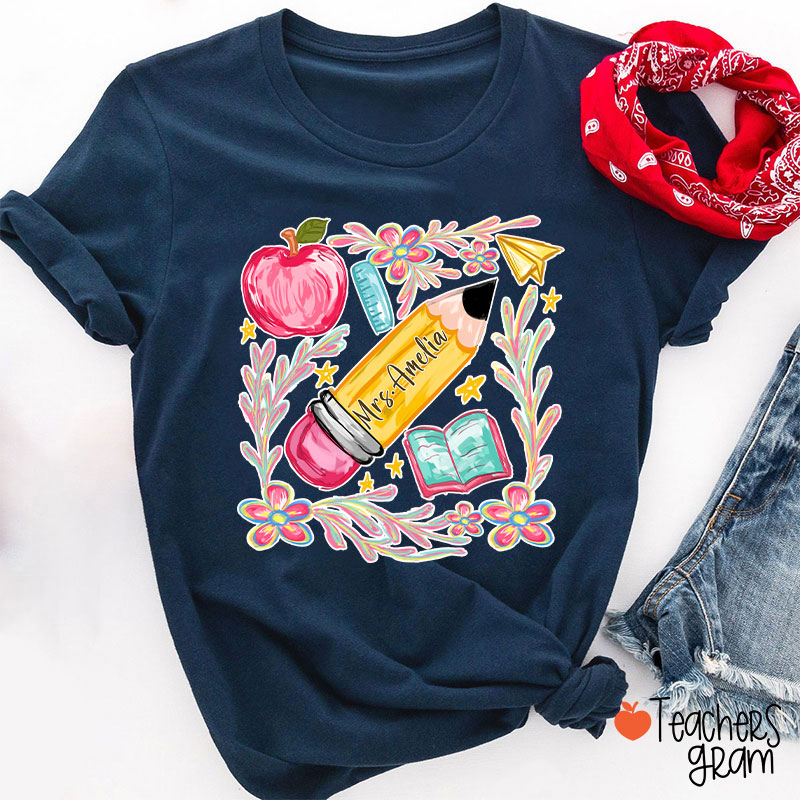 Flowers Pencil Apple Book Star Teacher T-Shirt