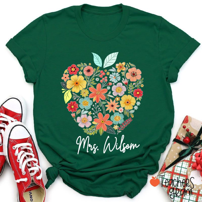 Personalized Floral Apple Name Teacher T-Shirt