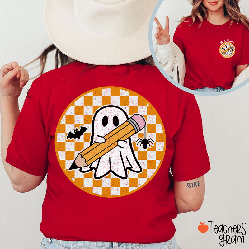 Personalized Name Circle Checkered Ghost Teacher Two Sided T-Shirt