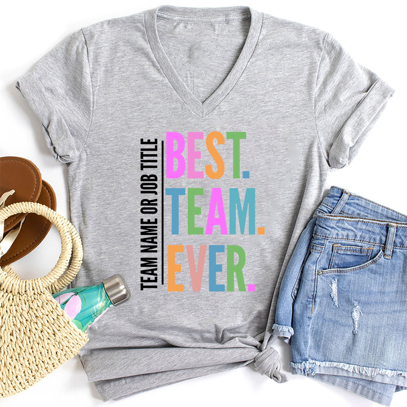 Personalized Neon Color Best Team Ever Teacher Female V-Neck T-Shirt
