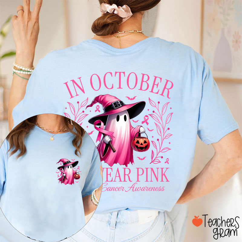 Halloween Beautifully Ghost Picture Breast Cancer Awareness Two Sided T-Shirt