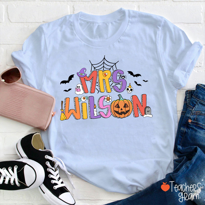 Personalized Name Spider Web Ghost Pumpkin Teacher T-Shirt