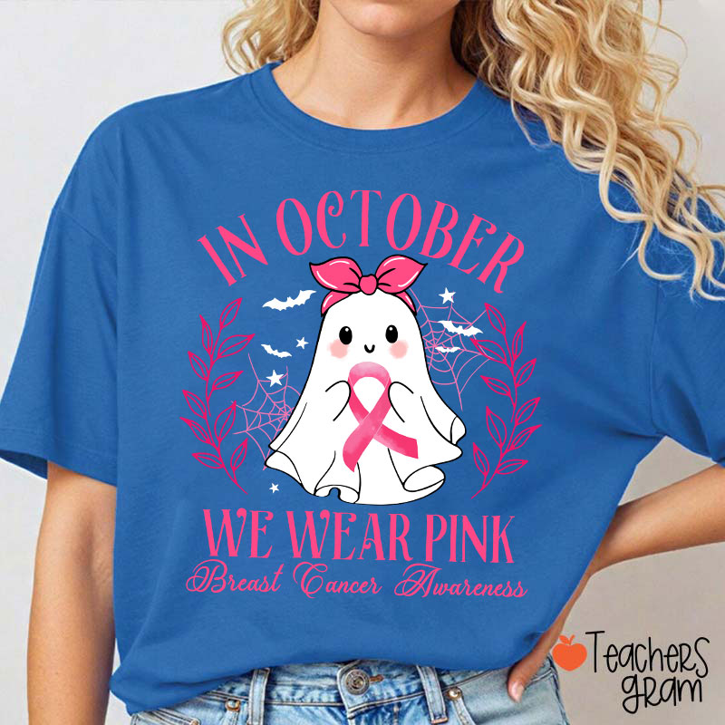 Halloween Ghost Breast Cancer Awareness Teacher T-Shirt