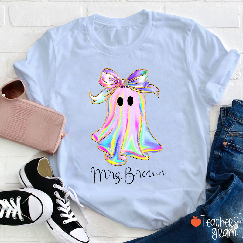 Personalized Name Colorful Neon Bow Ghost Teacher T-Shirt