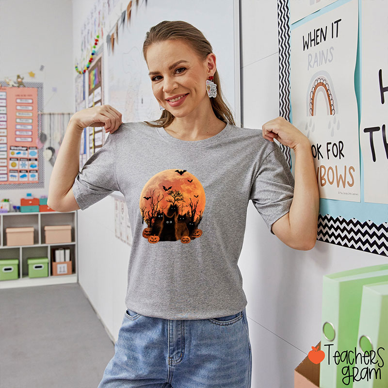 Black Cat Halloween Teacher T-Shirt