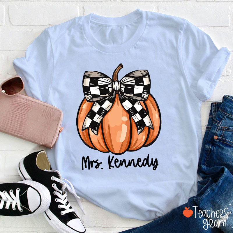 Personalized Name Pumpkin Bow Teacher T-Shirt