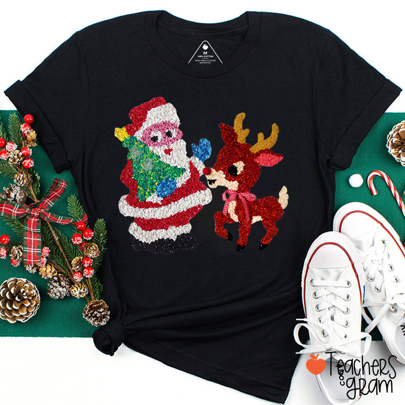 Santa And Rudolph Faux Melted Plastic Teacher T-Shirt
