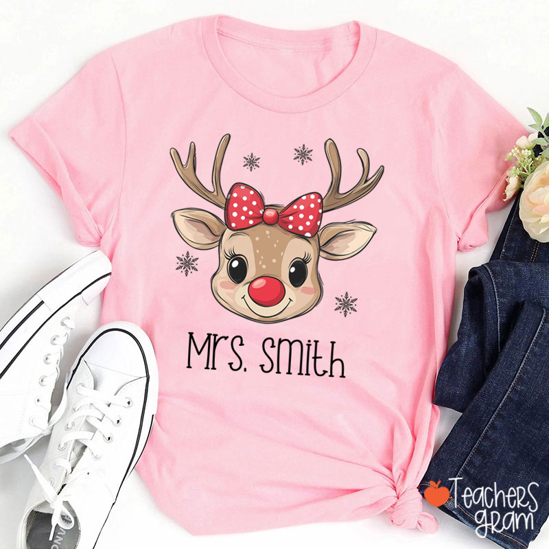 Personalized Name Cute Bow Reindeer Teacher T-Shirt