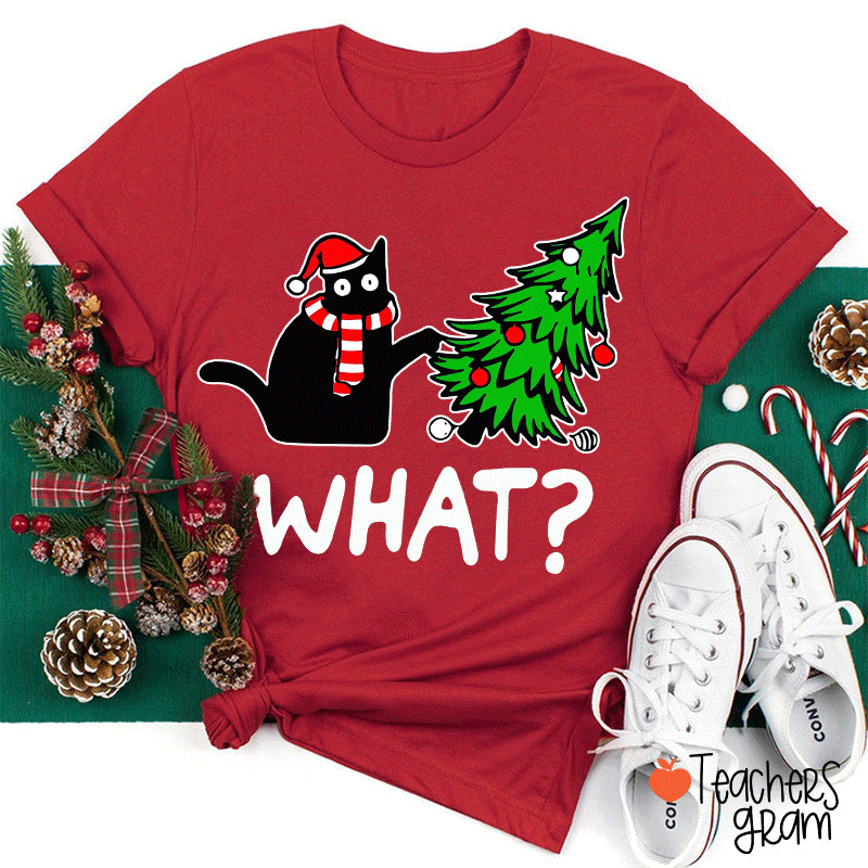 Cat Pushes Christmas Tree Teacher T-Shirt