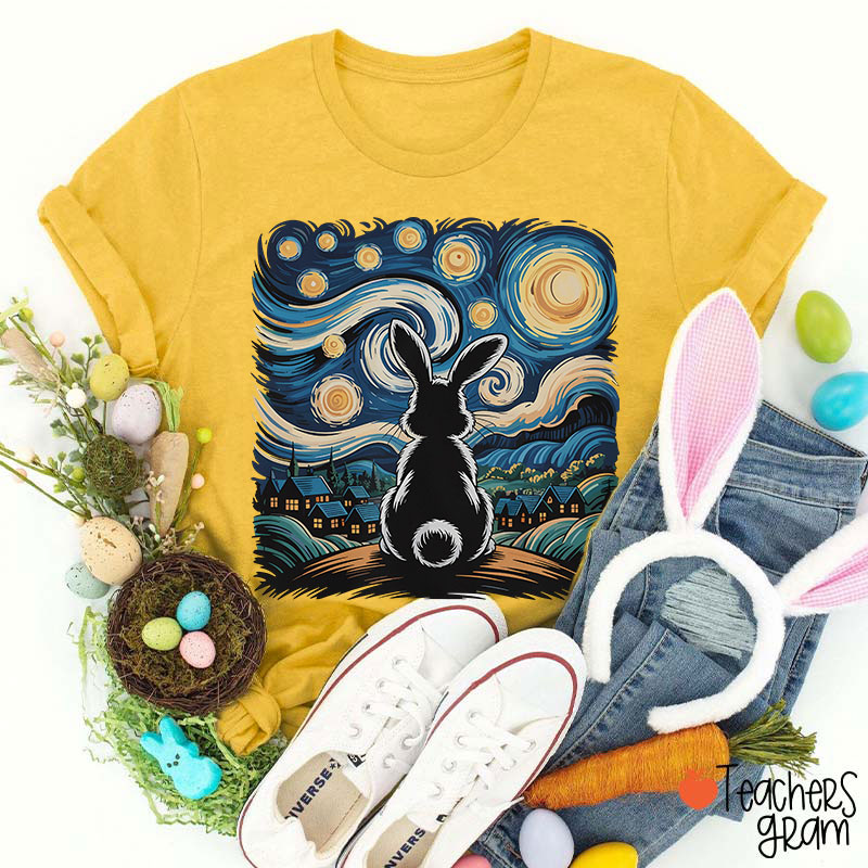 Starry Night Van Gogh Rabbit Teacher T-Shirt