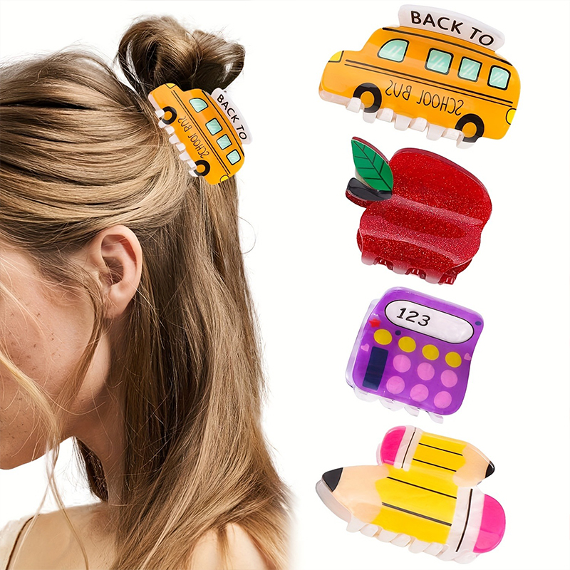 School Bus Apple Calculator Pencil Claw Teacher Hair Clips