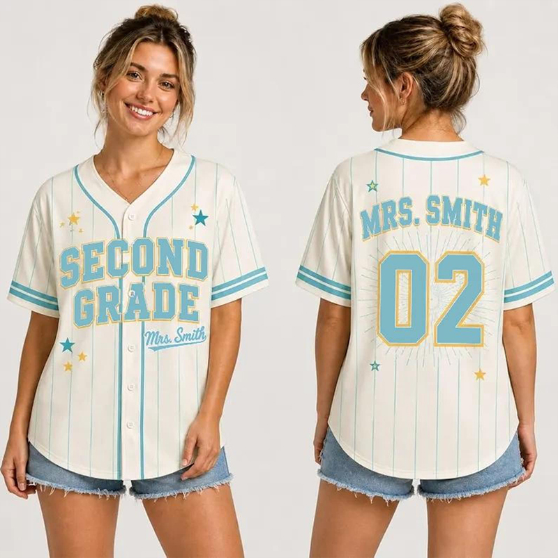 Personalized Grade And Name Preppy Pinstripe Star First Day Teacher Baseball Jersey
