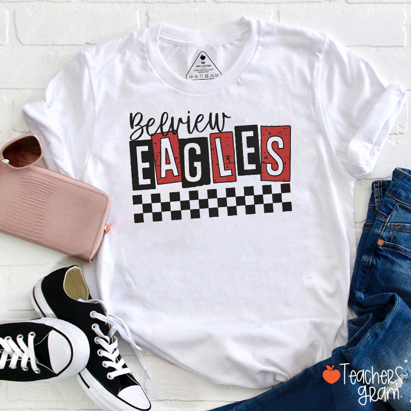 Personalized Mascot Checkered Block Letter Teacher T-Shirt