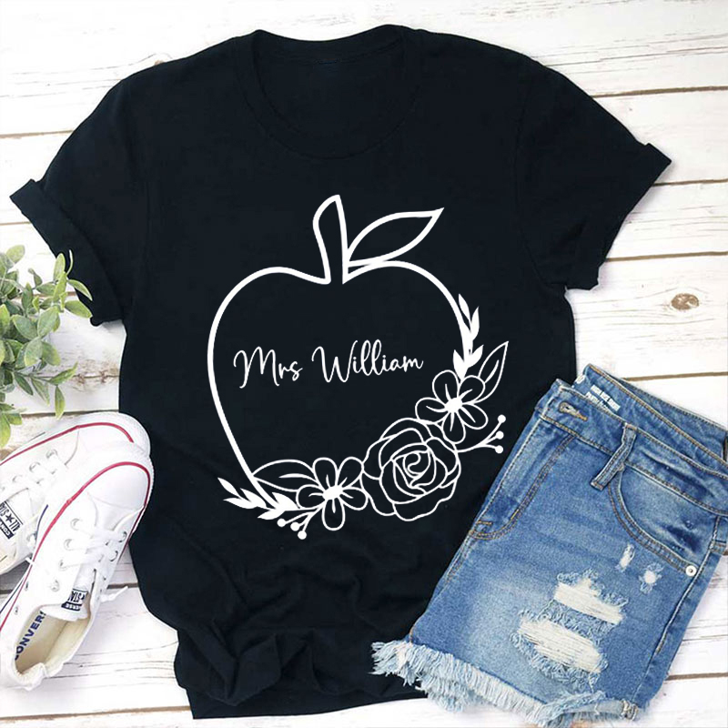 Personalized Name Apple Flower Print Teacher T-Shirt