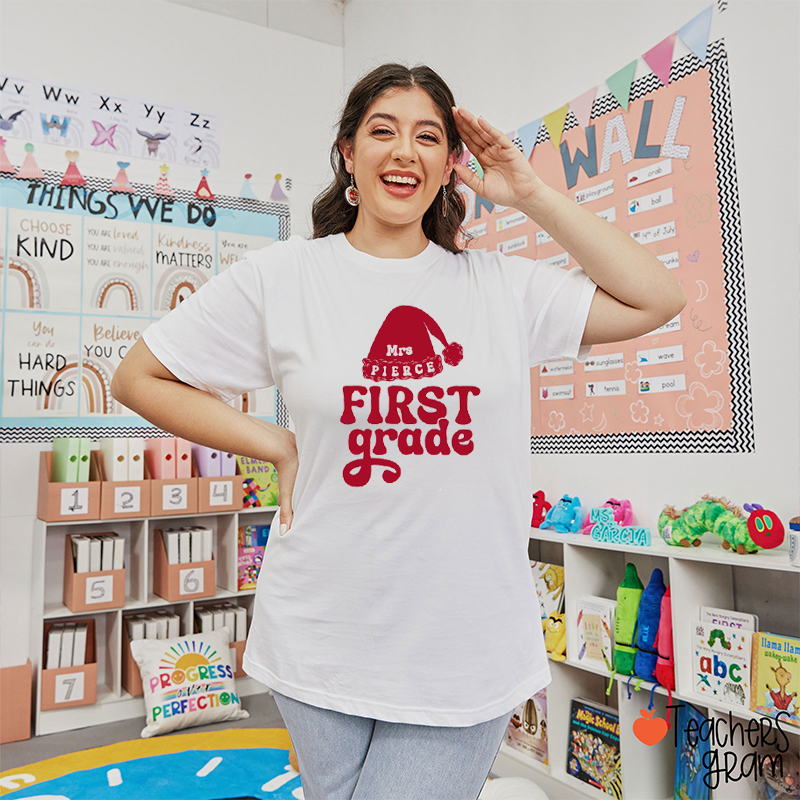 Personalized Name And Grade Santa Hat Teacher T-Shirt