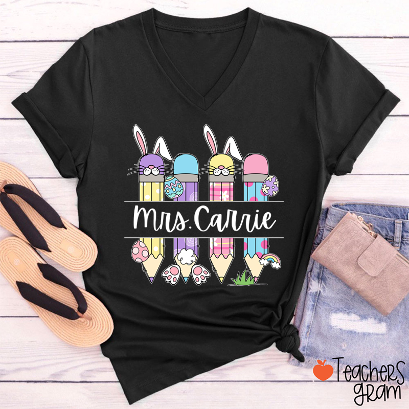 Personalized Easter Name Teacher Female V-Neck T-Shirt