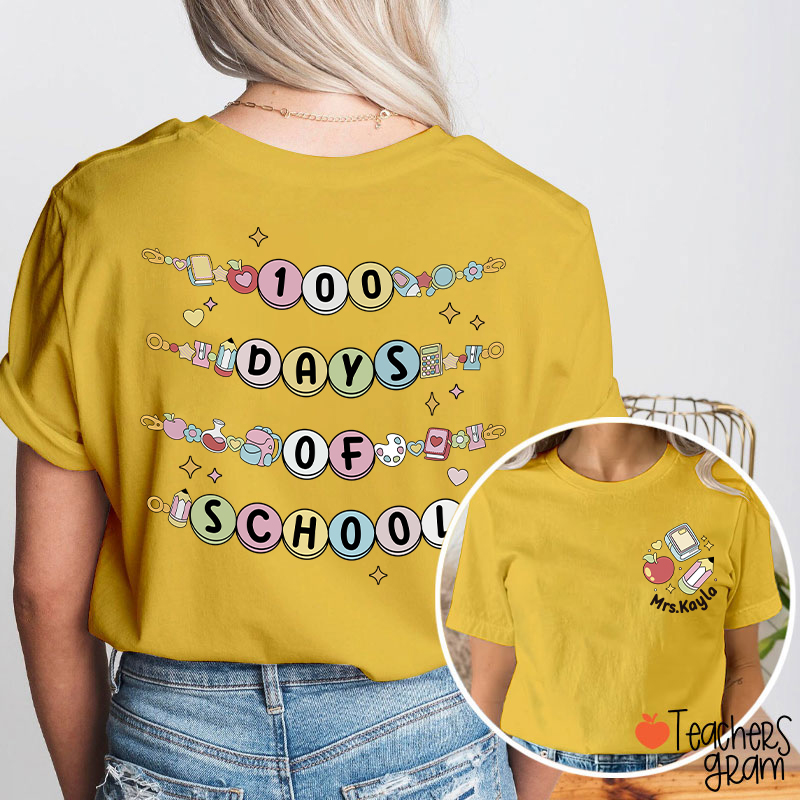 Personalized Name Happy 100 Days Of School Beaded Teacher Two Sided T-Shirt