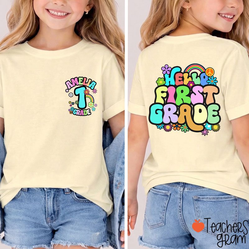 Personalized Name And Grade Rainbow Flowers Class Two Sided T-Shirt