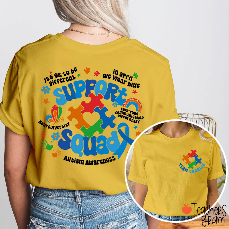 Personalized Name Autism Awareness Support Squad Teacher Two Sided T-Shirt