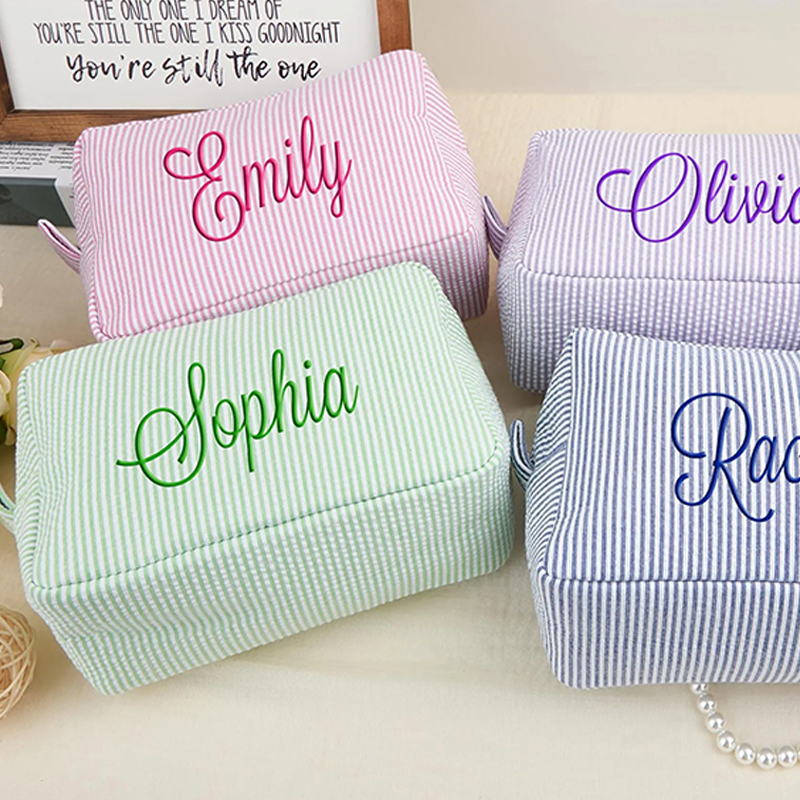 Personalized Name Embroidered Seersucker Makeup Bag