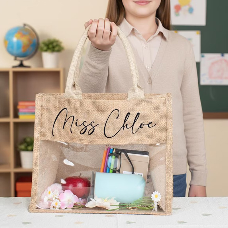 Personalized Name Clear Window Burlap Teacher Tote Bag