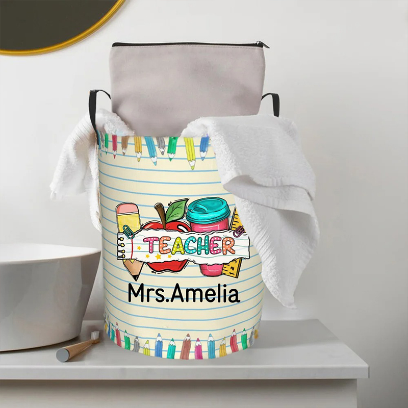 Personalized Name Letter Pencil Apple Theme Waterproof Laundry Storage Basket