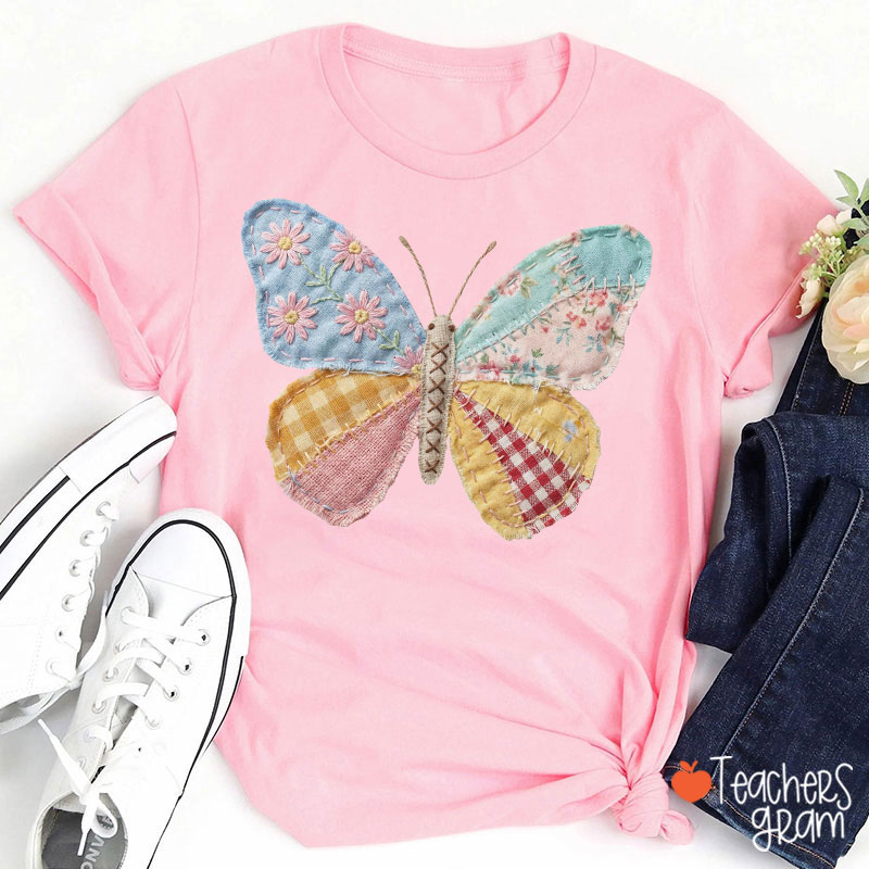Faux Patchwork Butterfly Teacher T-Shirt
