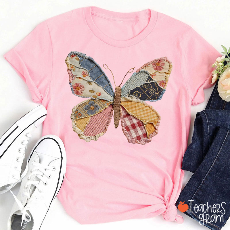  Faux Patchwork Butterfly Teacher T-Shirt