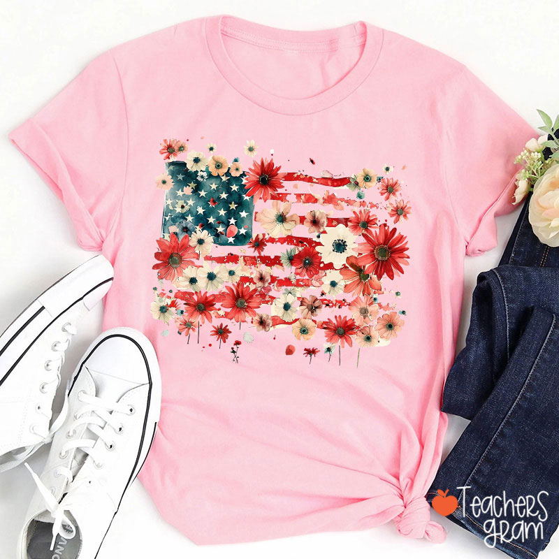 American Flag Floral Teacher T-Shirt