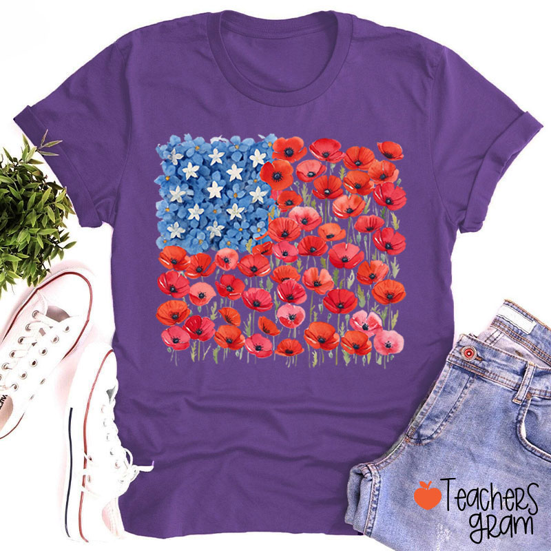 Floral USA Flag 250th Anniversary Teacher T-Shirt