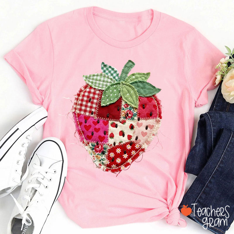 Faux Patchwork Strawberry Teacher T-Shirt