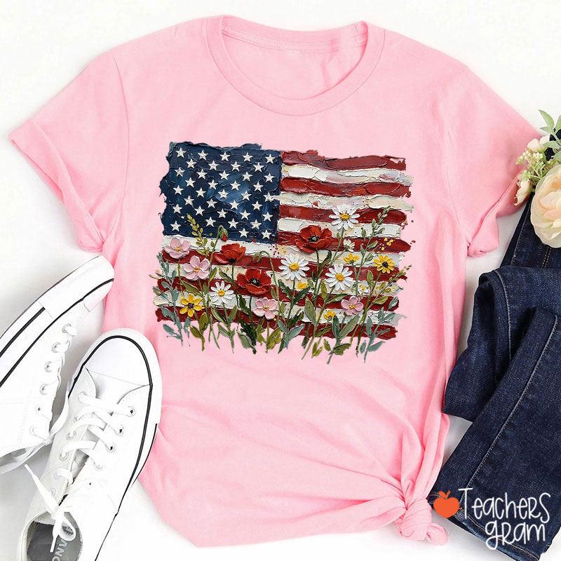 American Flag Floral Teacher T-Shirt