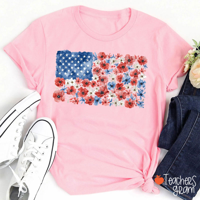 Vintage Floral USA Flag Teacher T-Shirt