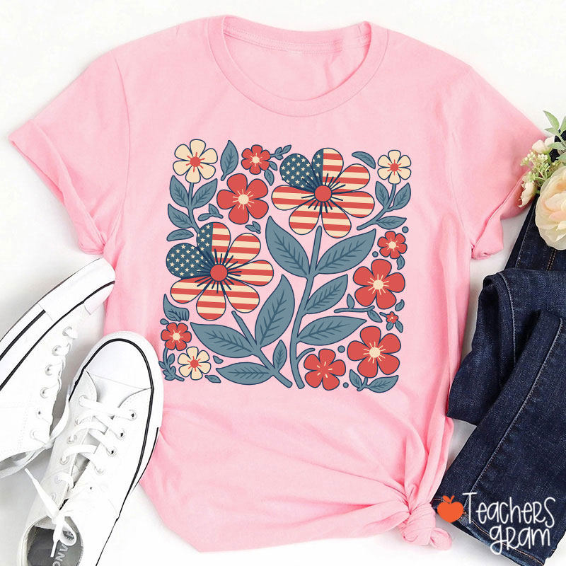 Boho Patriotic Daisy Teacher T-Shirt