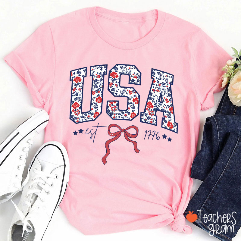 Floral USA Coquette Patriotic Teacher T-Shirt