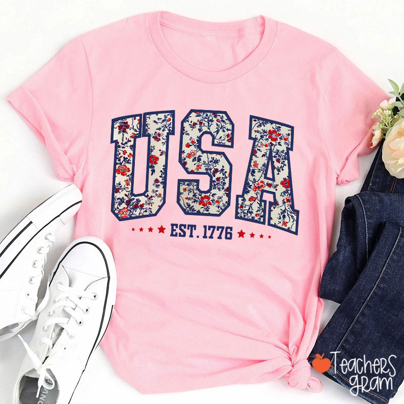 Retro Floral USA Teacher T-Shirt