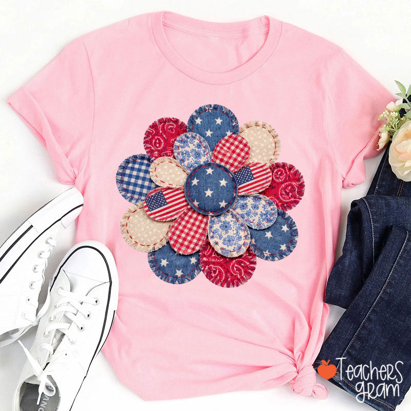 Faux Patchwork American Flag Flower Teacher T-Shirt