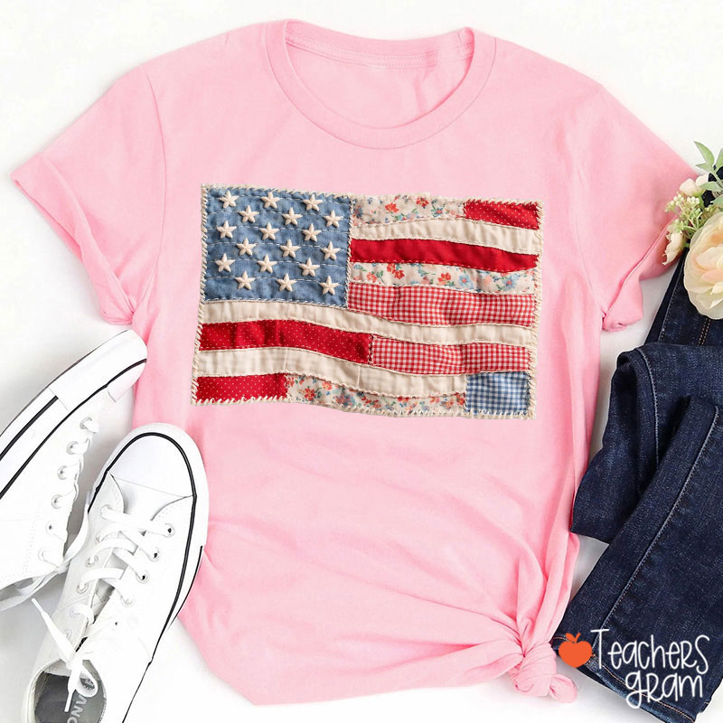 Faux Patchwork American Flag Teacher T-Shirt