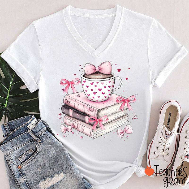 Coffee Books Valentines Day Teacher Female V-Neck T-Shirt