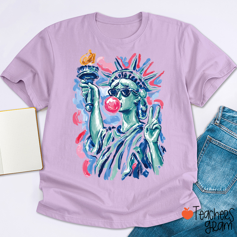 Preppy Statue Of Liberty Blowing Bubble Teacher T-Shirt