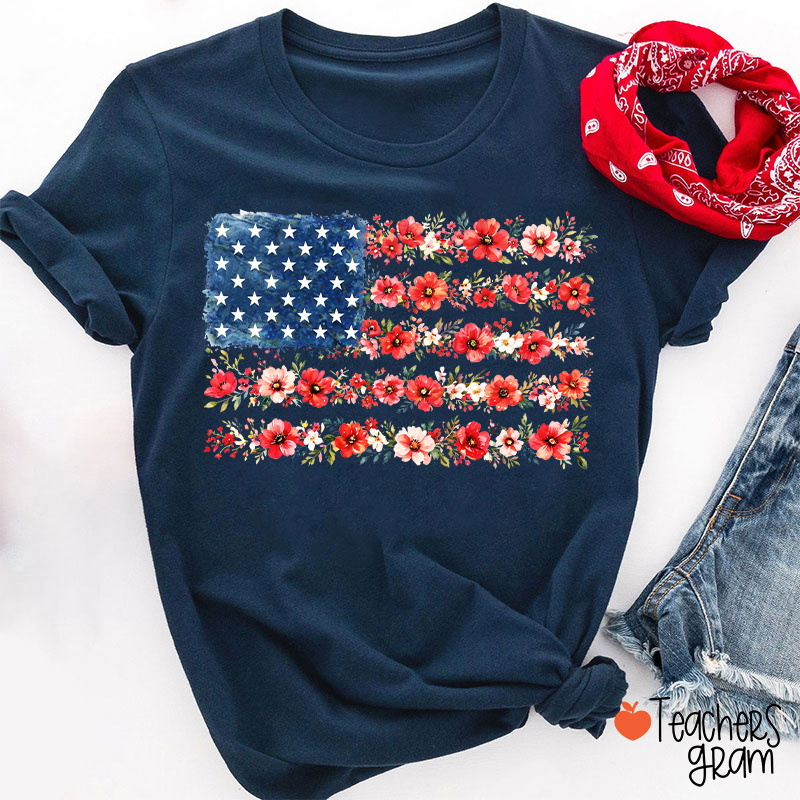 American Flag Wild Flower Teacher T-Shirt