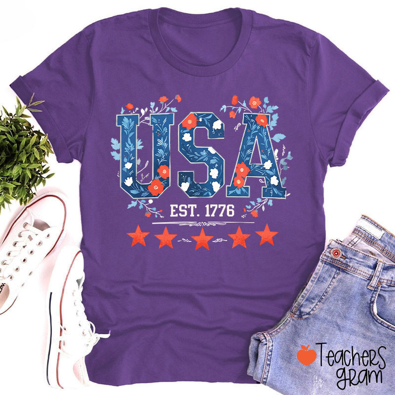 Floral USA Est 1776 Teacher T-Shirt