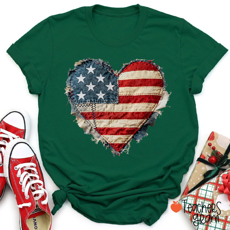 Faux Patchwork American Flag Heart Teacher T-Shirt