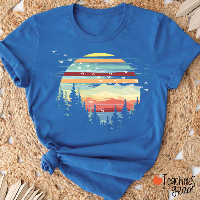Retro Mountain Sunset Forest And Birds Teacher T-Shirt