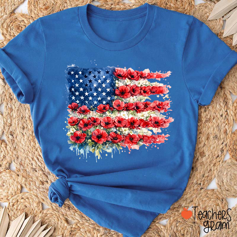4th Of July Floral American Flag Teacher T-Shirt