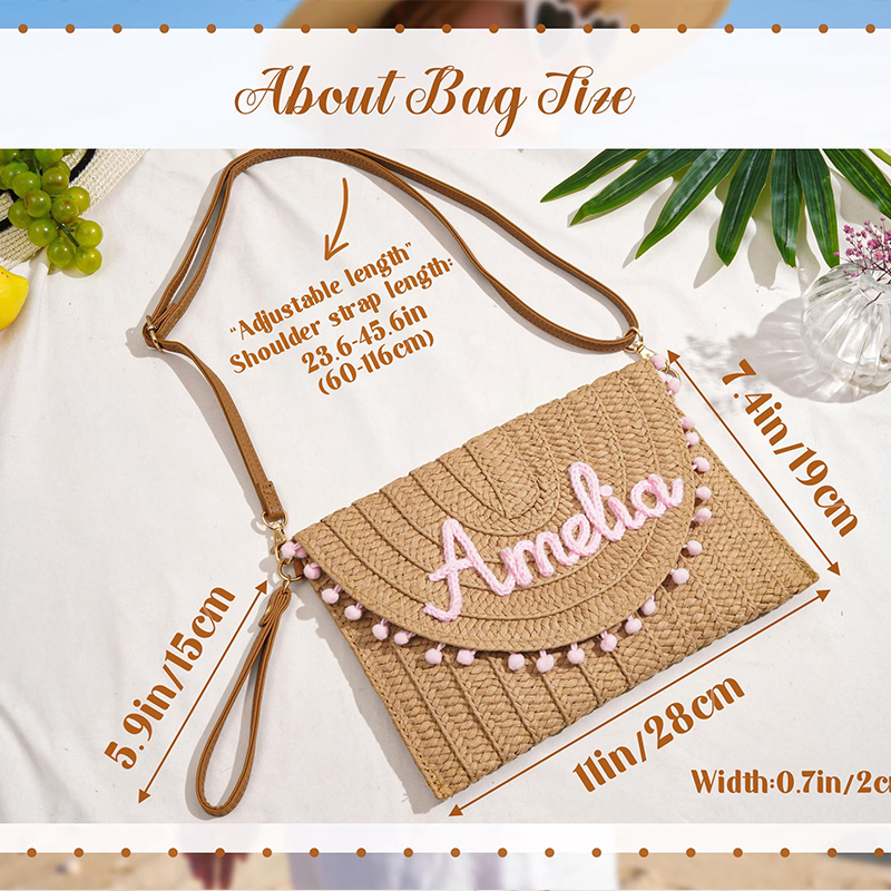 Personalized Embroidered Name Summer Vacation Straw Shoulder Bag