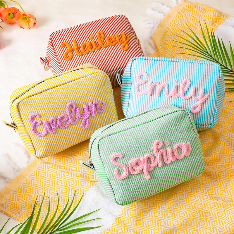 Personalized Embroidered Name Seersucker Teacher Makeup Bag