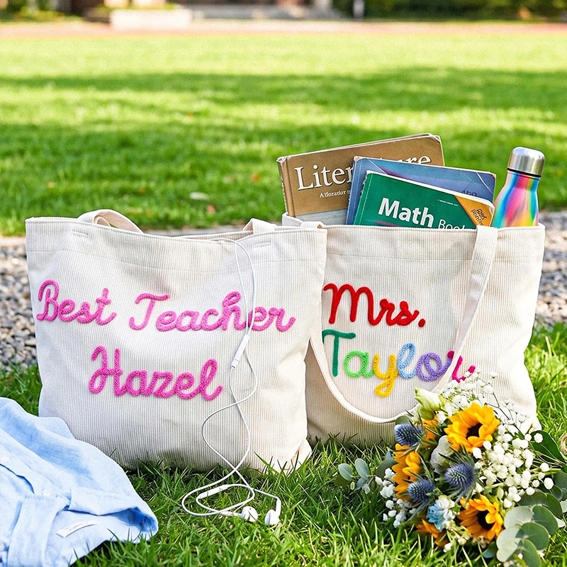 Personalized Name Corduroy Teacher Tote Bag